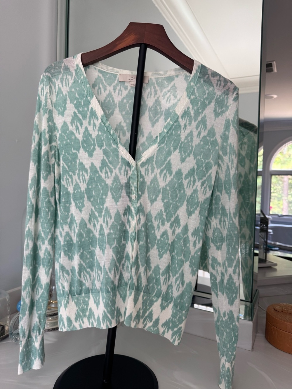 Loft Mint Green & White Ikat V-Neck Cardigan Sweater US M